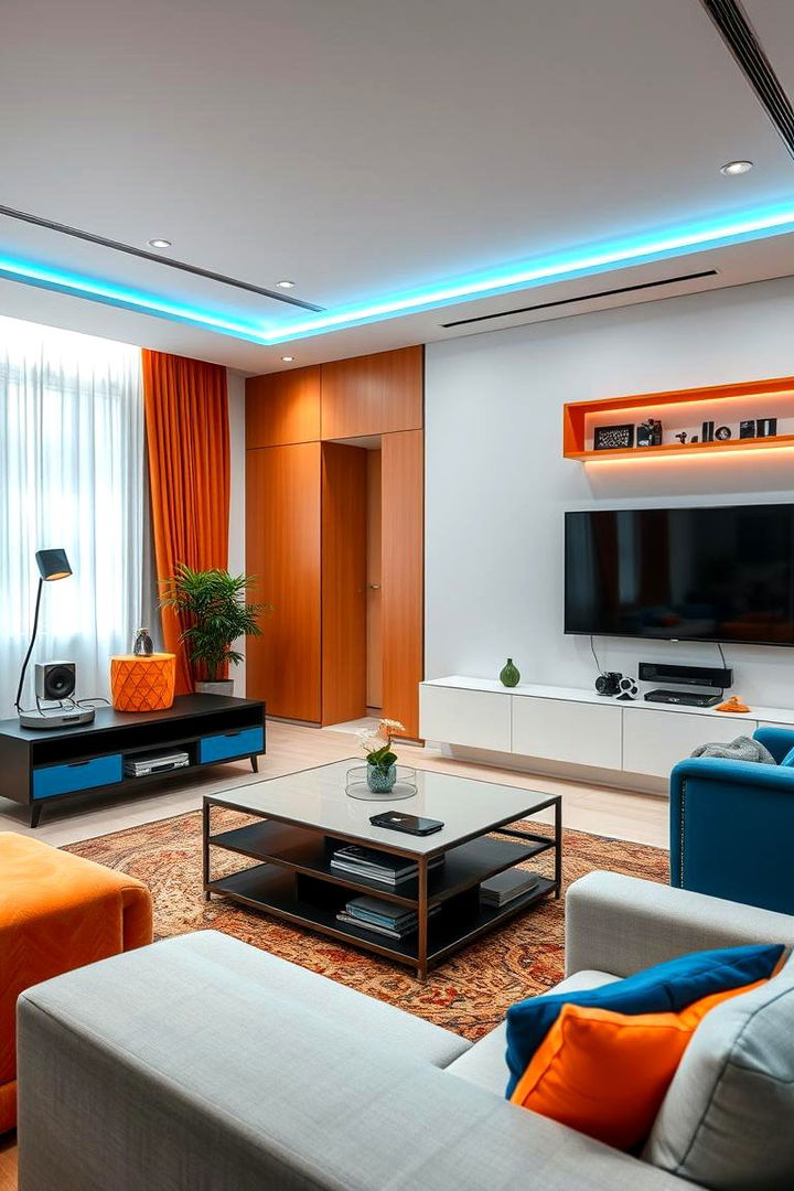 Tech Integrated Comfort - 22 orange and blue living room ideas