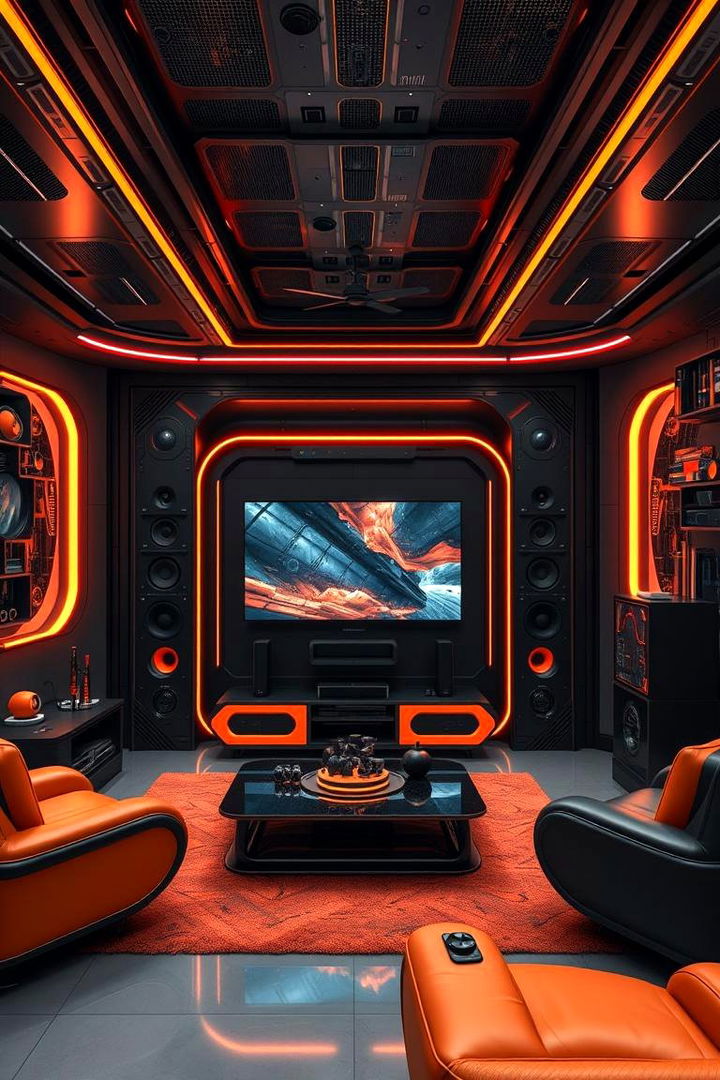 Tech Integrated Entertainment Hub - 22 Black and Orange Living Room Ideas