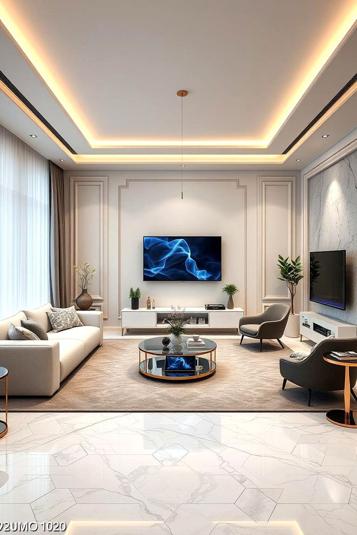 Tech Integrated Marble Design - 22 Marble Floor Living Room Ideas