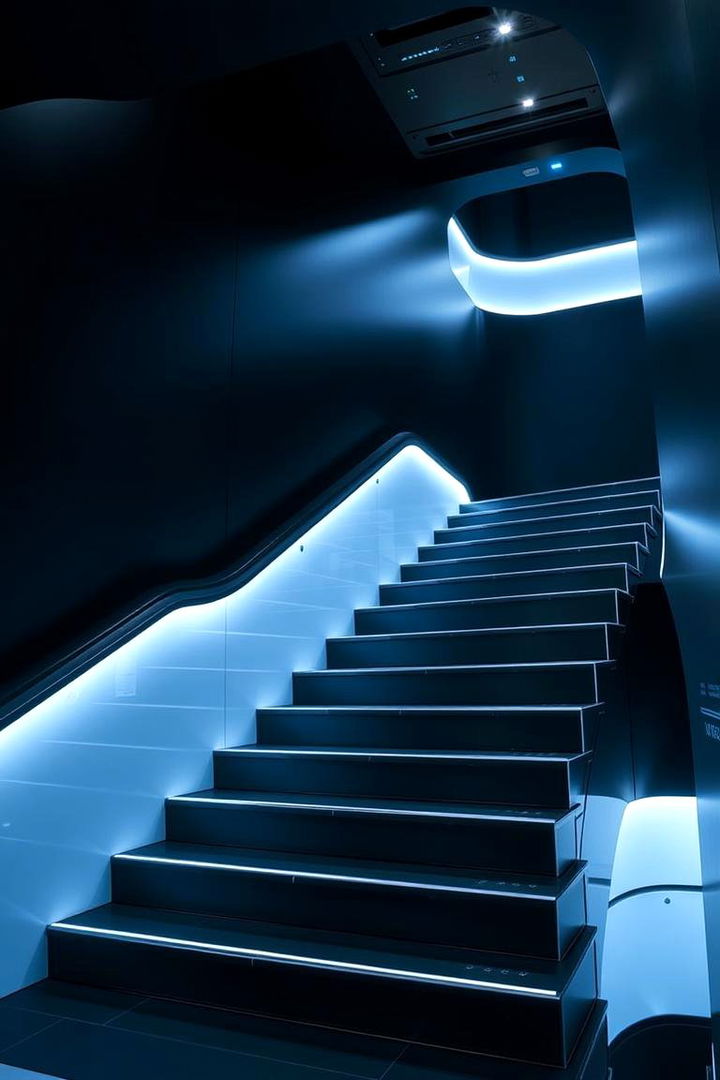 Tech Integrated Staircase with Smart LED Features - 22 black staircase ideas
