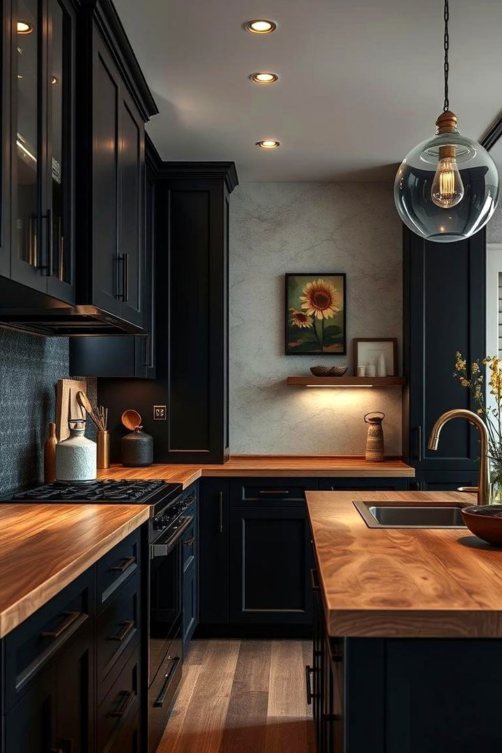 Textural Contrast Effects - 22 Kitchen With Black Cabinets And Wood Countertops Ideas