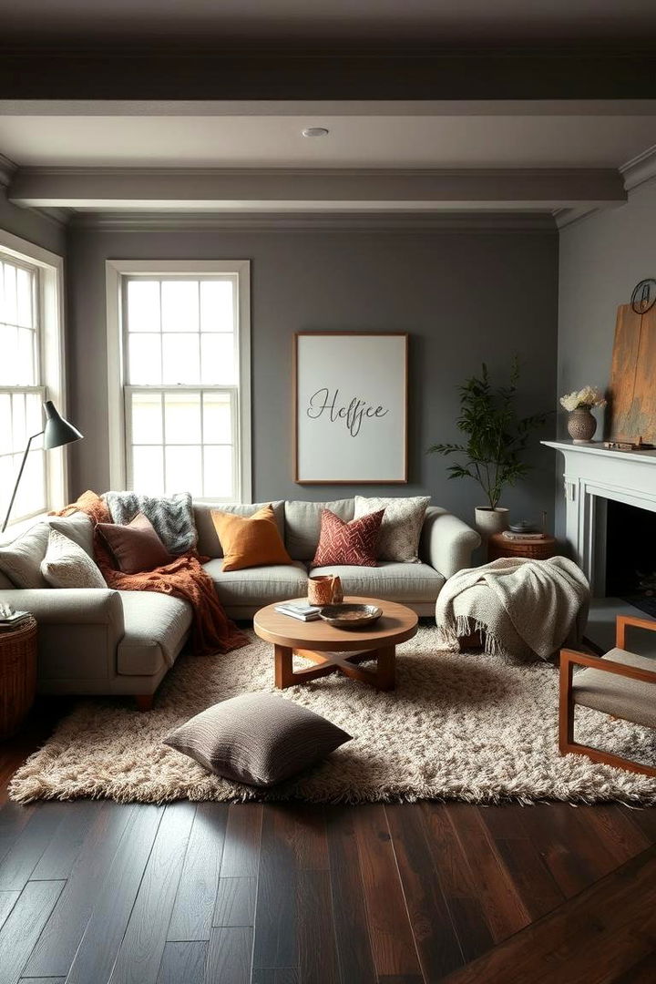 Textural Layering Techniques - 22 Grey Living Room With Dark Wood Floors