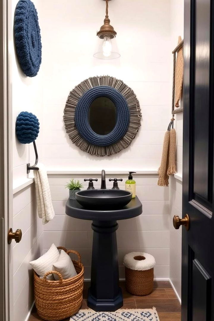 Textured Accessories for Warmth - 22 navy blue powder room ideas