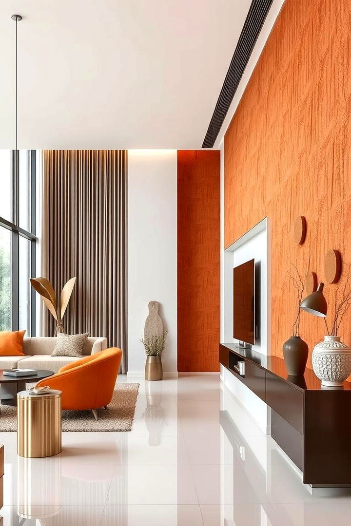 Textured Burnt Orange and Metallic Accents - 22 Burnt Orange Living Room Ideas