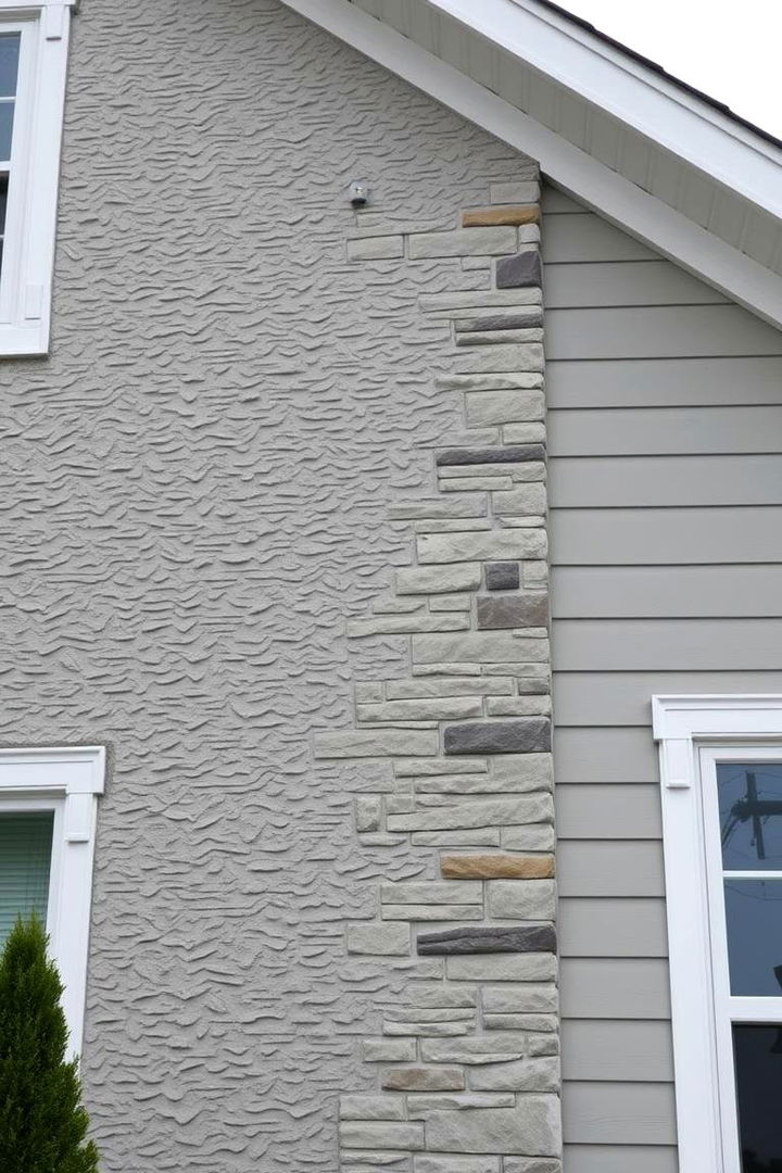 Textured Facade Accents - 22 Light Grey House With White Trim Design Ideas