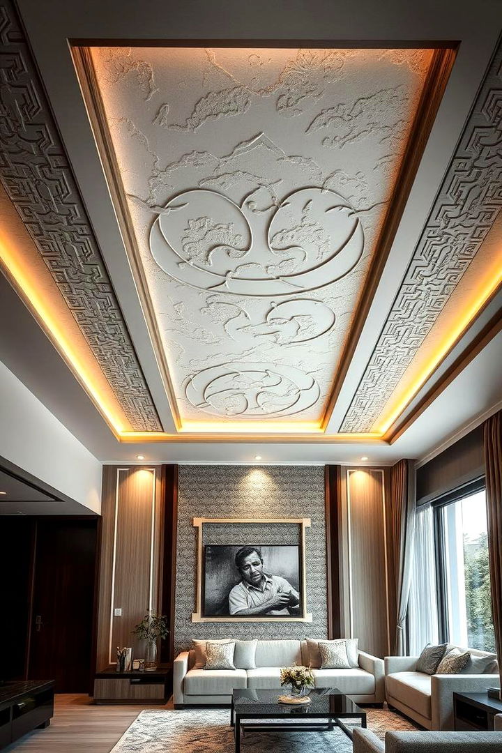 Textured Finish Detailing - 22 Living Room False Ceiling Design Ideas