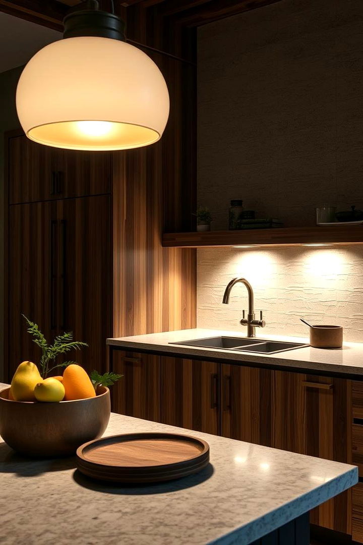 Textured Surfaces and Layered Lighting - 22 Japandi Kitchen Ideas