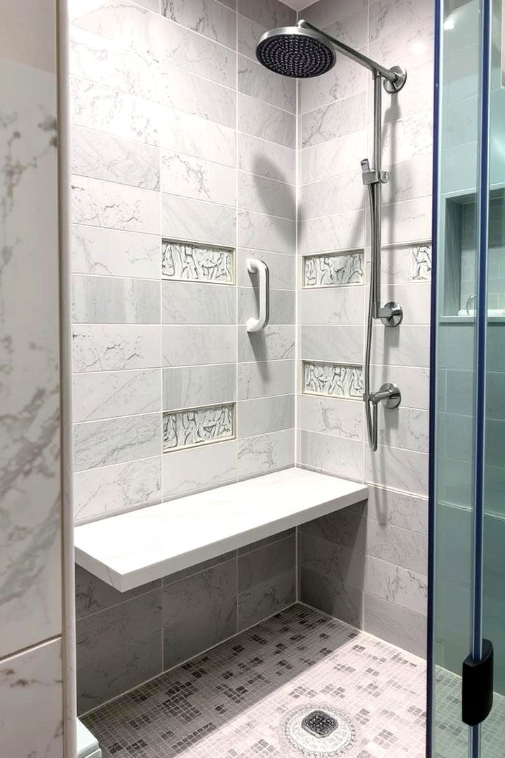 Textured Tile Accent Bench - 22 Walk in Shower Ideas With Bench