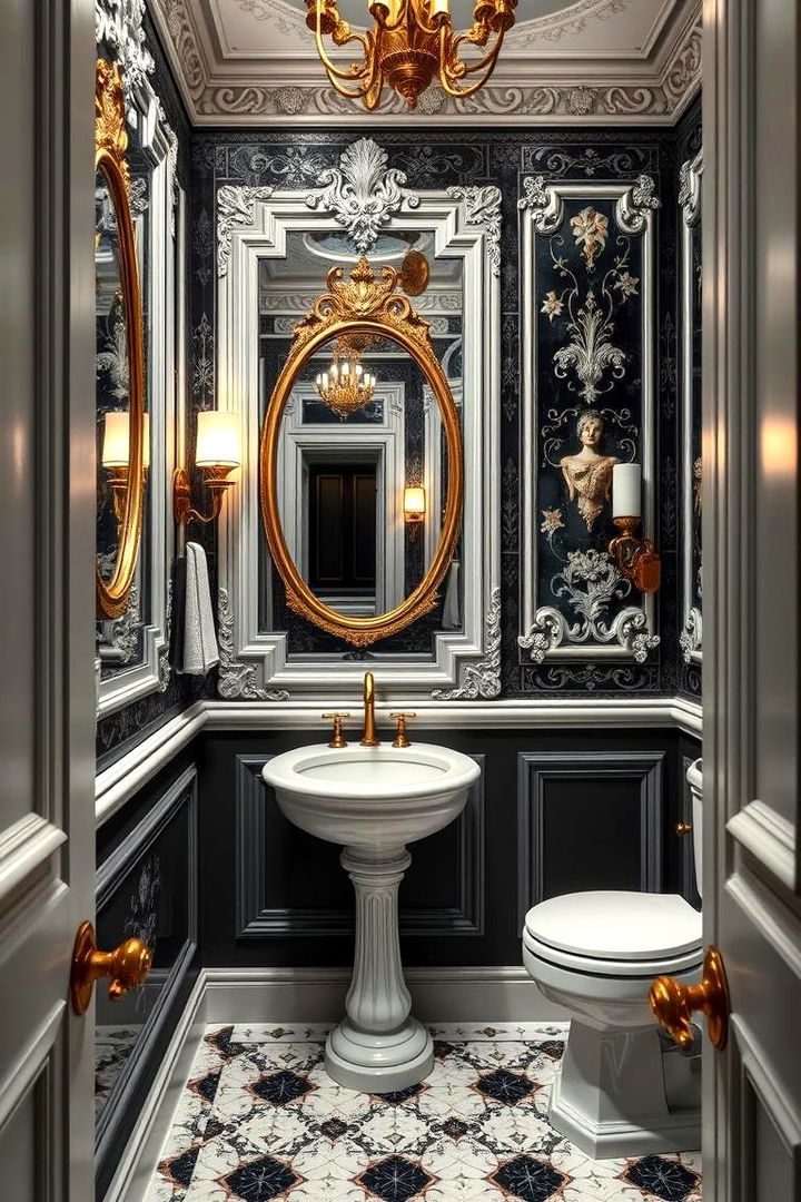 Timeless Baroque Detailing - 22 Black and White Powder Room Ideas