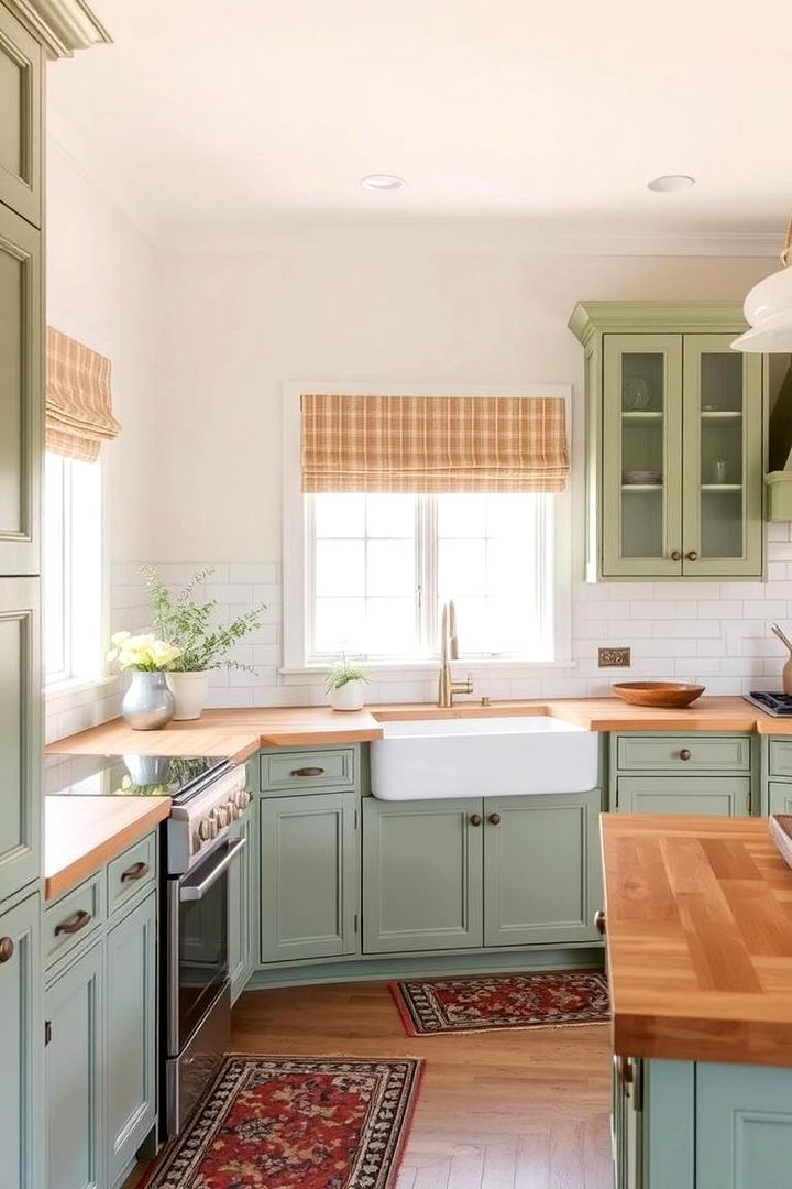 Timeless Design Versatility - 22 Sage Green Kitchen Cabinets With Butcher Block Countertops
