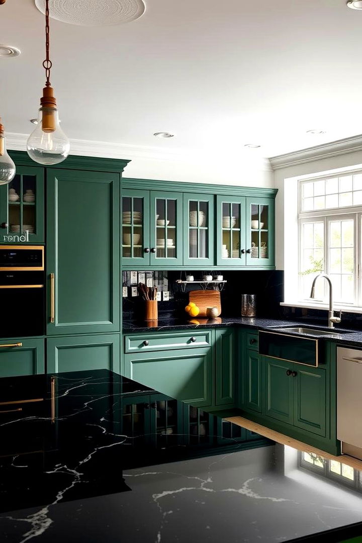 Timeless Modern Fusion - 22 Green Kitchen Cabinets With Black Countertops