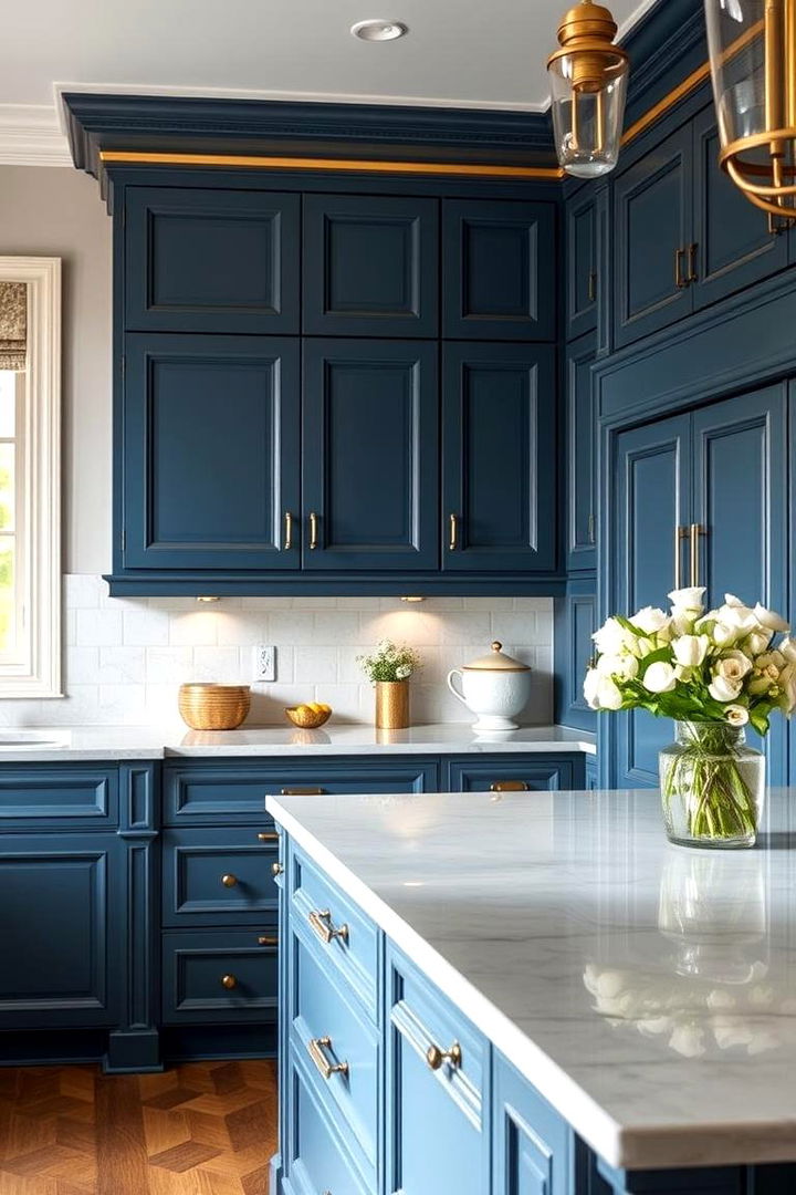 Timeless Sophistication - 22 blue kitchen cabinets with gold hardware