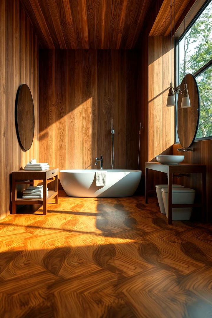 Timeless Teak Accents - 22 Ideas for Wood Floors in Bathrooms