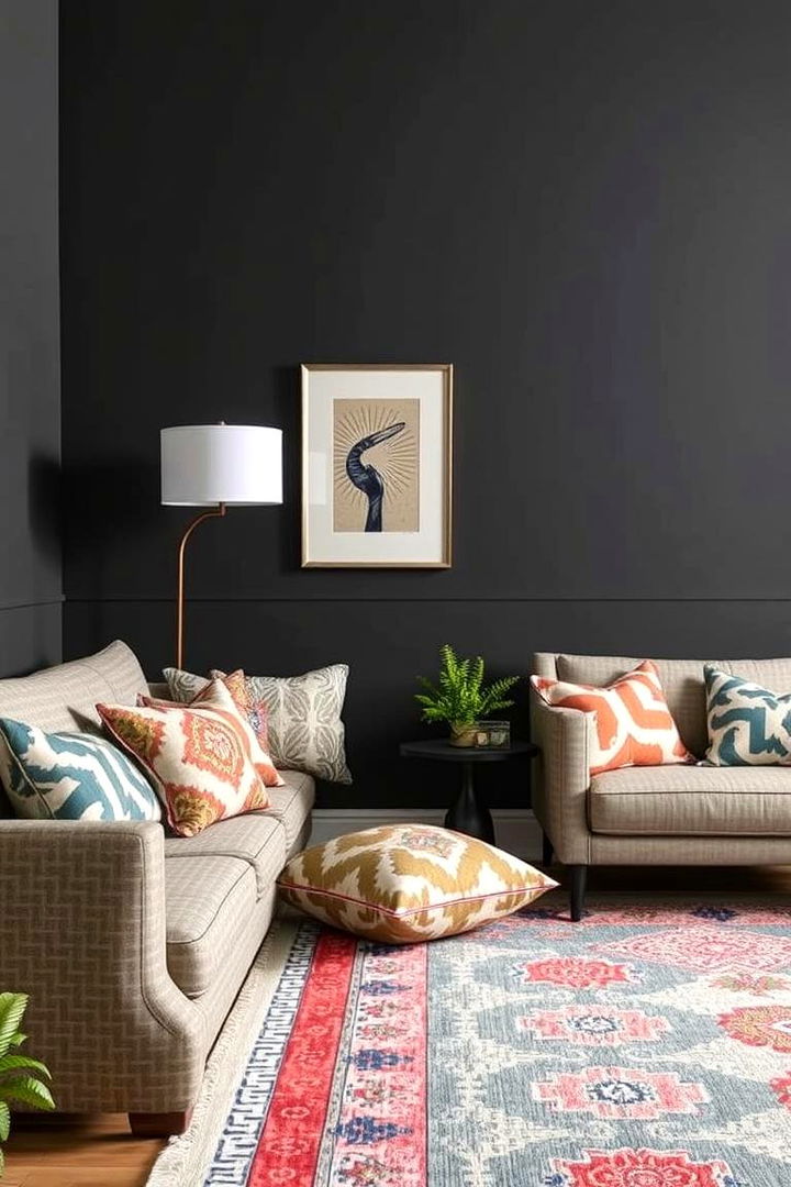 To Infuse Patterned Textiles and Prints - 22 Contrasting Living Rooms With Dark Grey Walls