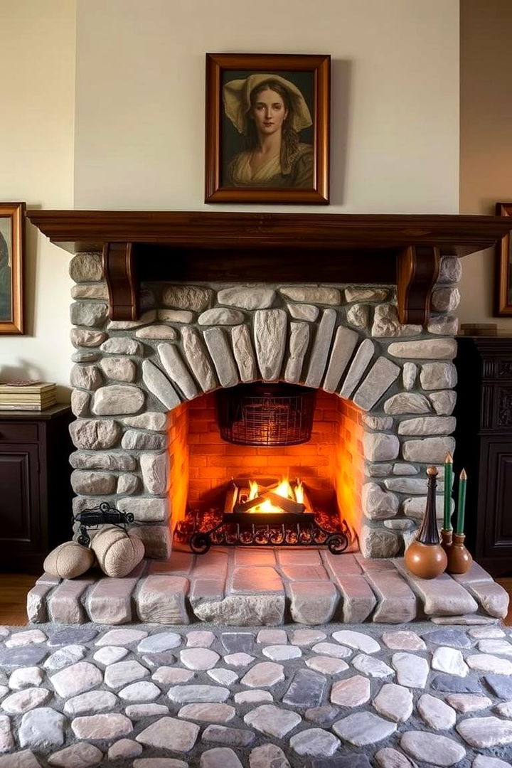 Traditional Hearth with Cobblestone - 22 Stone Fireplace Ideas