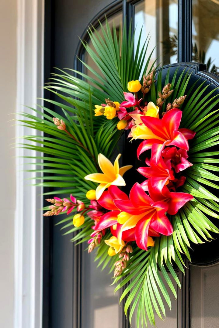 Tropical Wreath with Palm Flair - 22 Summer Front Door Decor Ideas