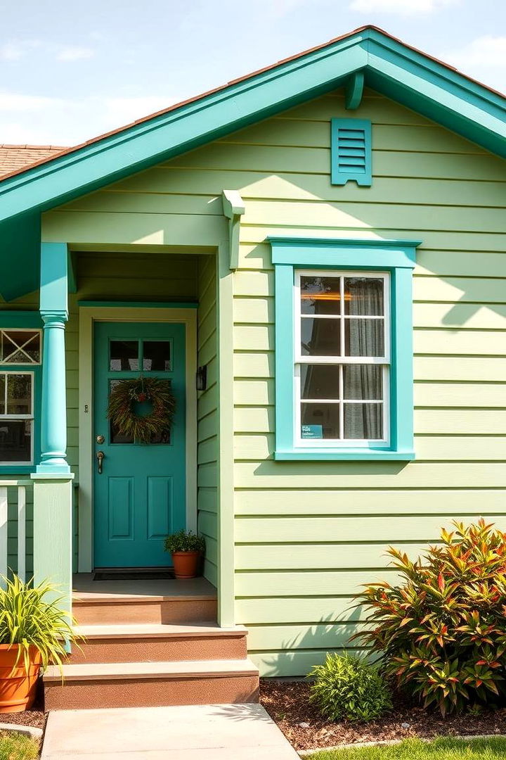 Turquoise Trim Pop - 22 Exterior House Color Schemes With Sage Green Siding