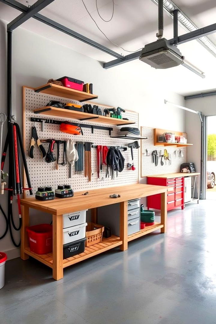 Ultra Organized Bench with Wall mounted Rack - 22 Garage Workbench Ideas