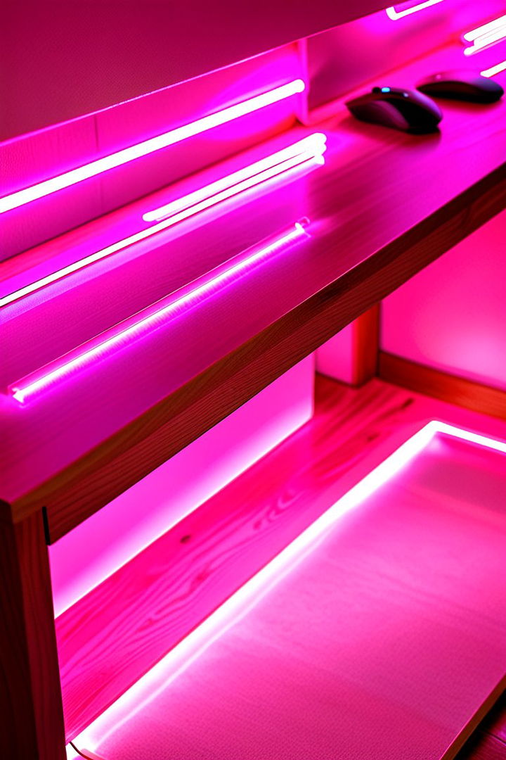 Under desk Pink Light Strips - 22 Pink Gaming Setup Ideas