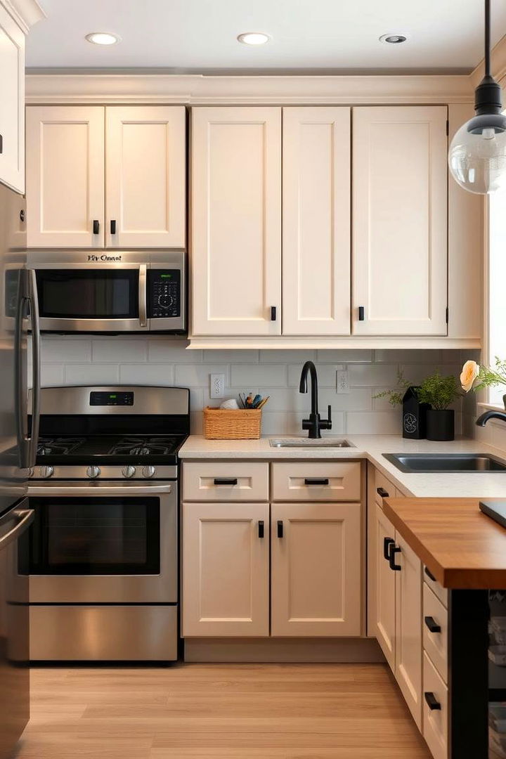 Understated Beige Cabinets with Black Details - 22 black and beige kitchen ideas