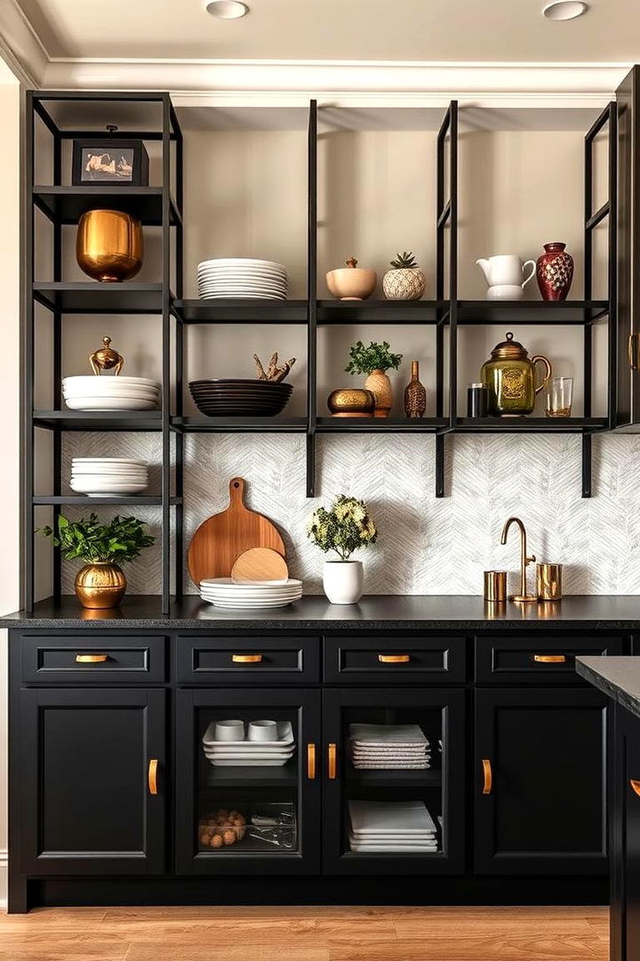Unique Black and Gold Open Shelving Systems - 22 Black and Gold Kitchen Ideas