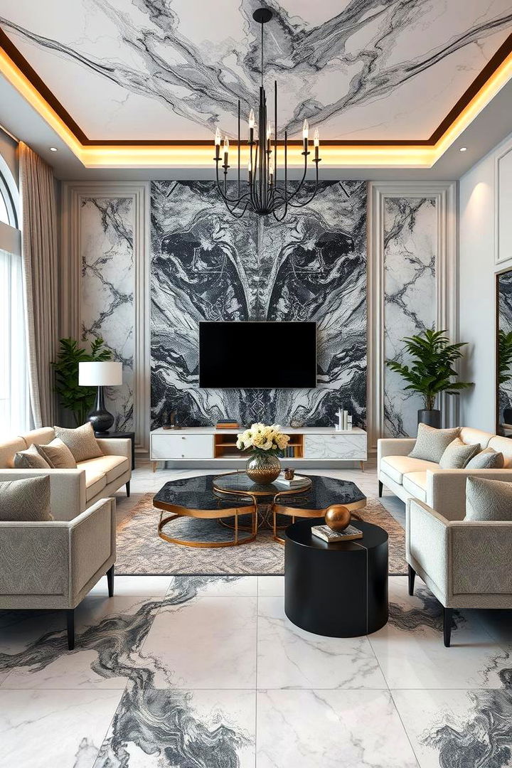 Unique Marble Pattern Integration - 22 Marble Floor Living Room Ideas