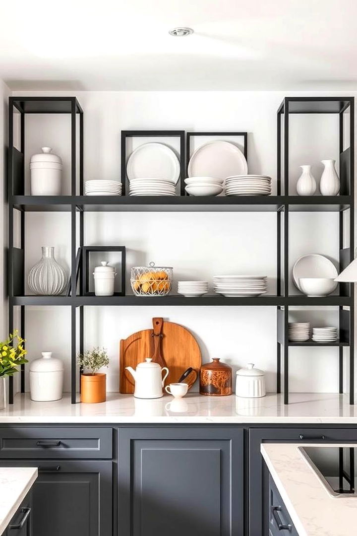 Unique Open Shelving - 22 Gray and Black Kitchen Ideas