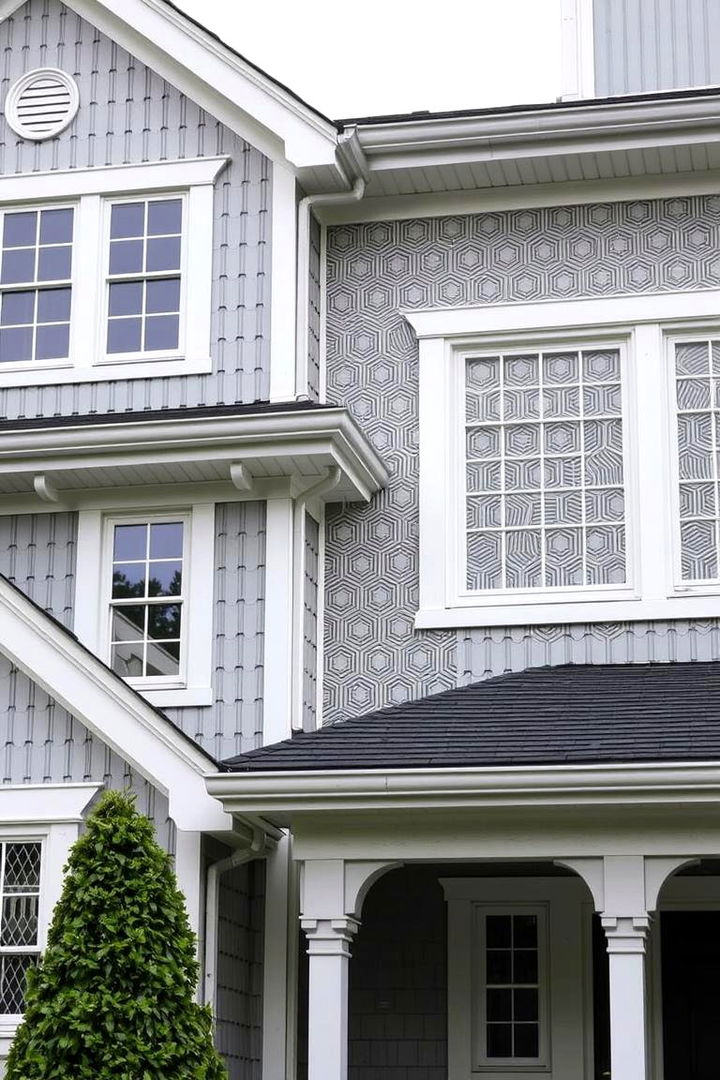 Unique Patterned Elements on Facades - 22 Light Grey House With White Trim Design Ideas