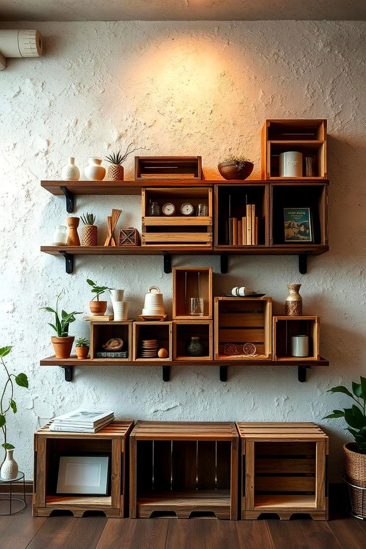 Upcycled Crate Shelving - 22 Rustic Wall Decor Ideas