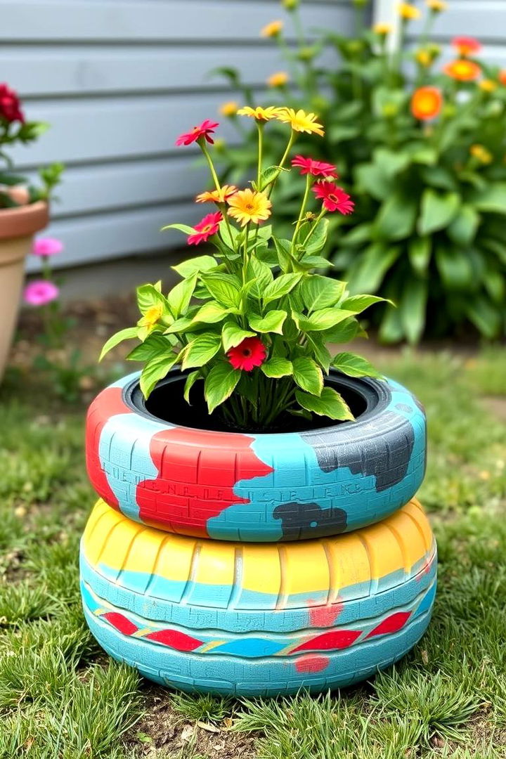 Upcycled Tire Planter Stand - 22 Outdoor Plant Stand Ideas