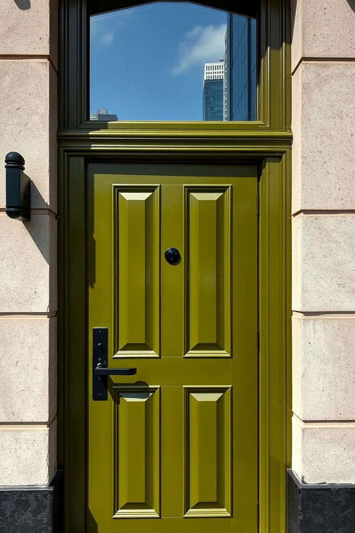 Urban Chic Olive with Bold Black Details - 22 Olive Green Front Door Ideas