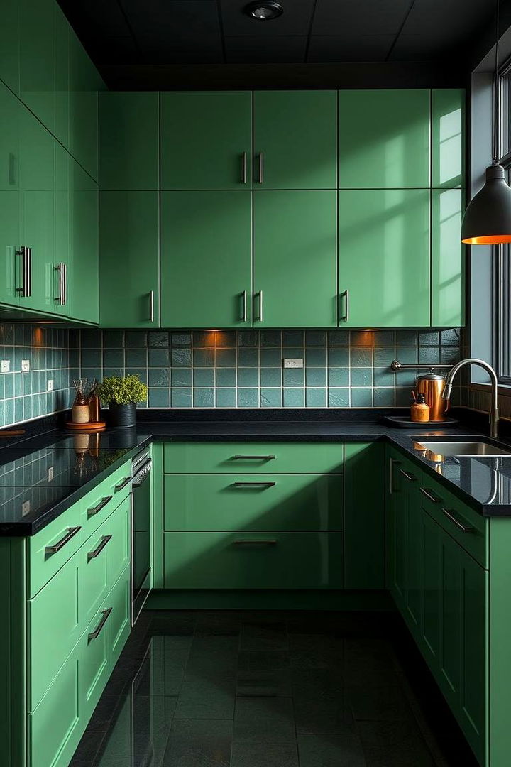 Urban Chic Sophistication - 22 Green Kitchen Cabinets With Black Countertops