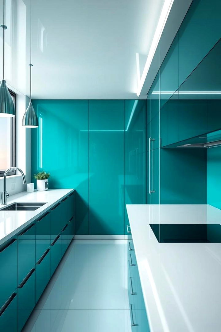 Urban Chic Teal and White Kitchen with High Gloss Finishes - 22 Teal and White Kitchen Ideas