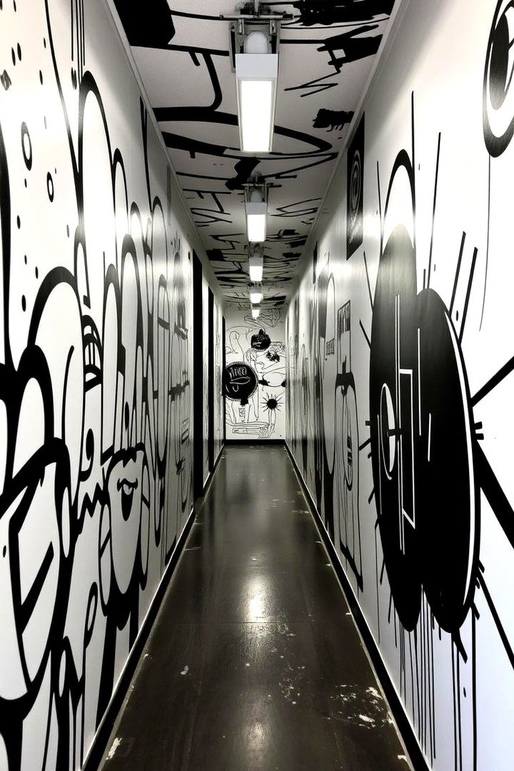 Urban Edge with Street Art - 22 Black and White Hallway Ideas