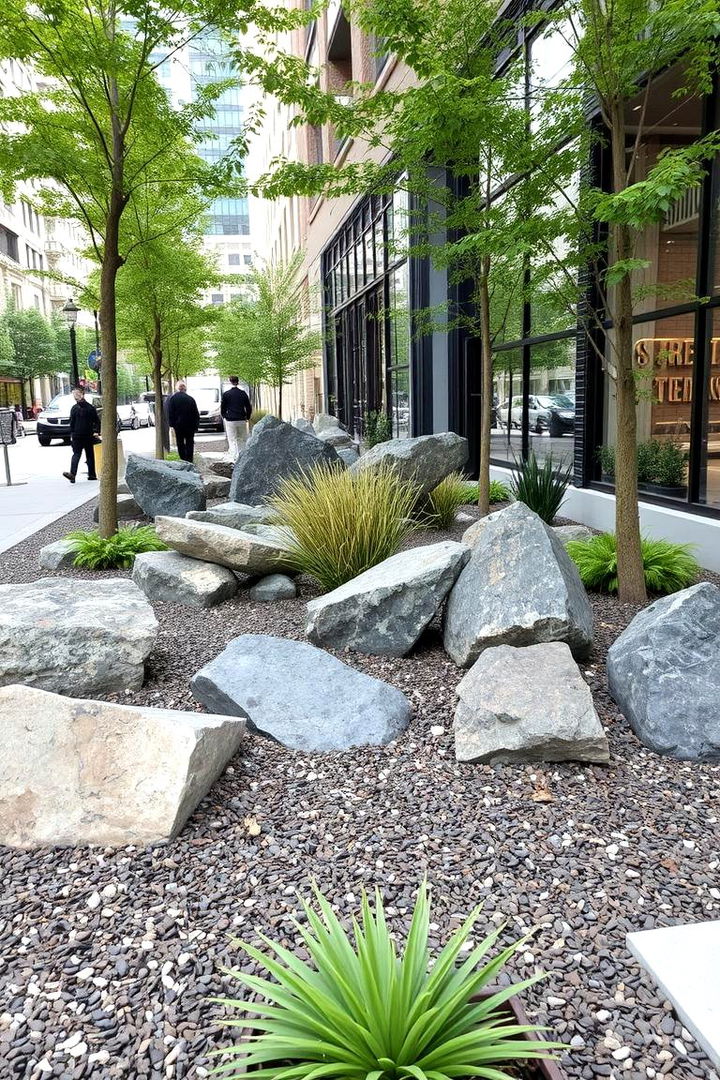 Urban Oasis Employing Modern Rocks with Mulch for a Chic Look - 22 Front Yard Landscaping Ideas With Rocks and Mulch
