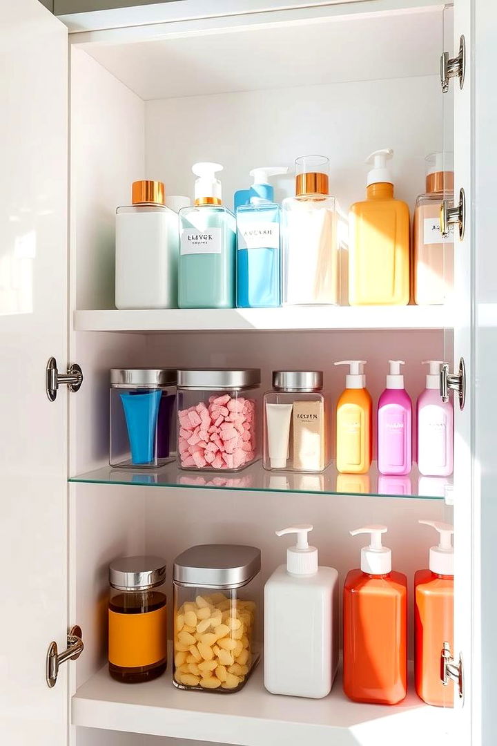 Use Clear Containers - 22 Bathroom Cabinet Organization Ideas