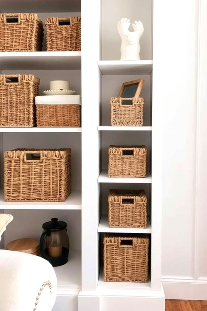 Using Baskets and Boxes - 22 Bookshelf Organization Ideas