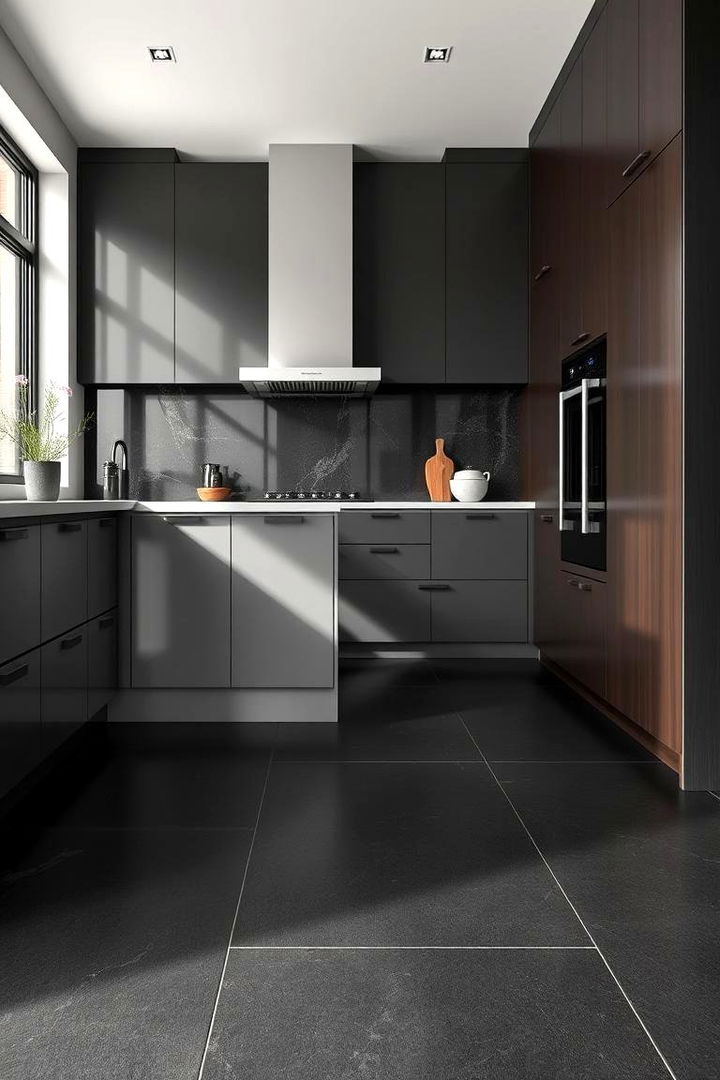 Varnished Black Engineered Stone - 22 Black Kitchen Floor Ideas