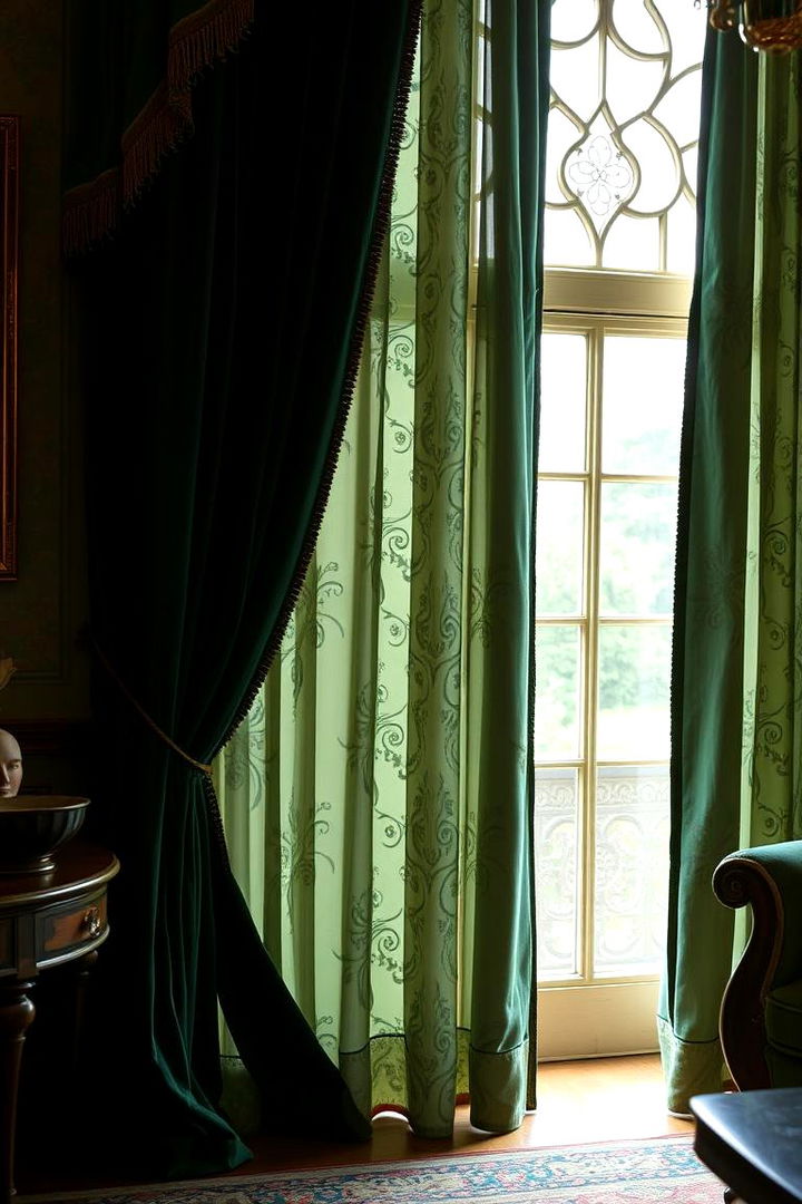 Velvet Curtains with Intricate Patterns in Dark Green - 22 Victorian Dark Green Living Room Ideas