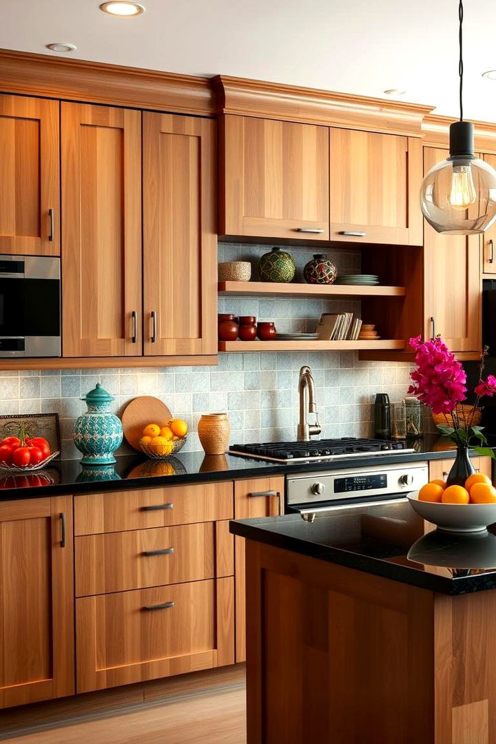 Versatile Backdrops Enhancing Accessories - 22 Brown Kitchen Cabinets With Black Countertops