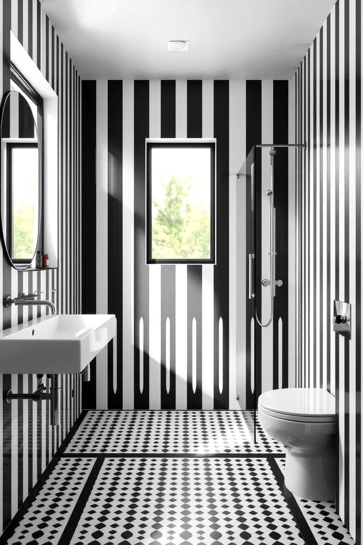 Vertical Stripe Symphony - Striking Black and White Bathroom Tile Designs