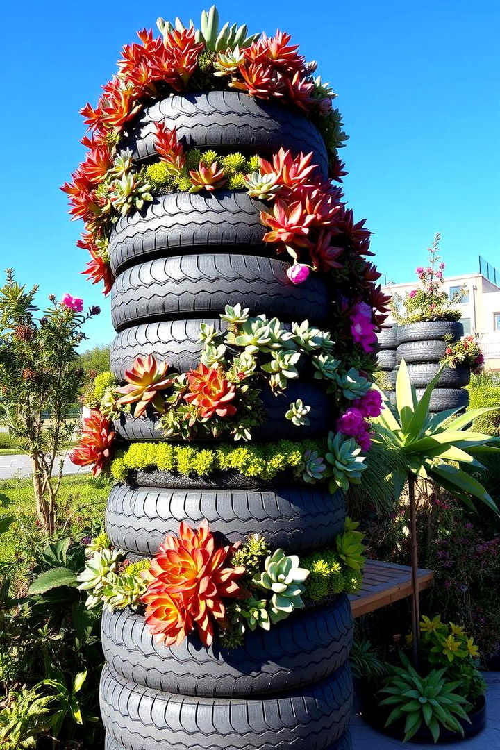 Vertical Tyre Garden Displays - 22 Recycled Tyre Garden Art Ideas