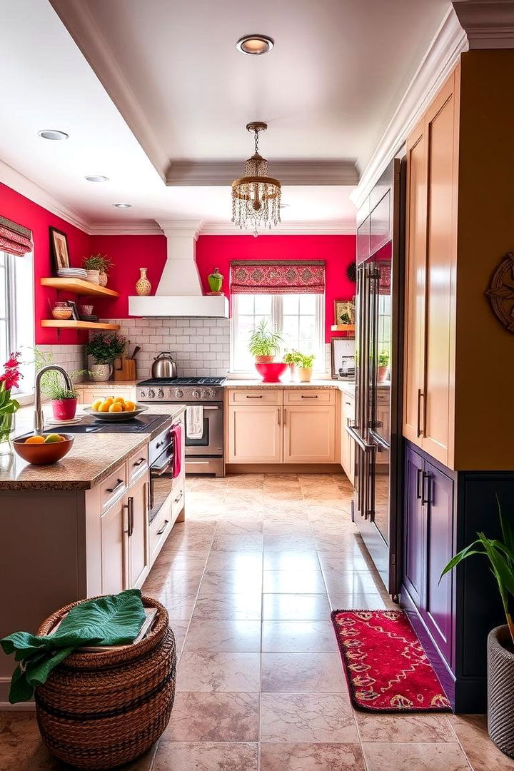 Vibrant Accents on Natural Base - 22 Travertine Floor Kitchen Ideas