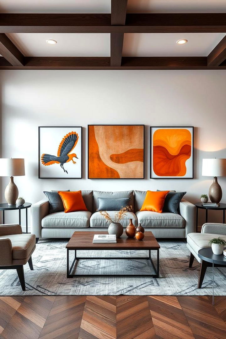 Vibrant Artwork Focal Point - 22 Orange and Grey Living Room Ideas
