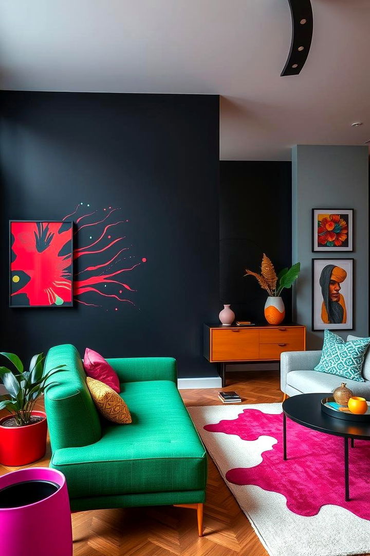 Vibrant Black Accent with Splashes of Color - 22 Black Accent Wall Ideas