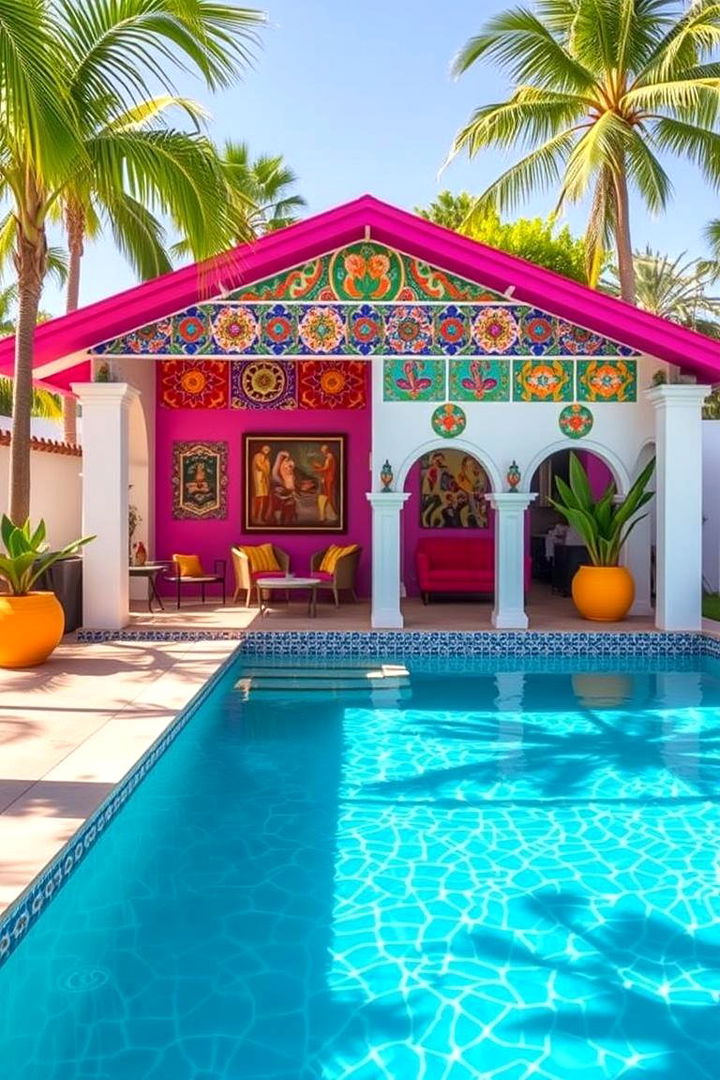 Vibrant Color Accents and Artistic Flair - 22 Pool House With Outdoor Kitchen Ideas