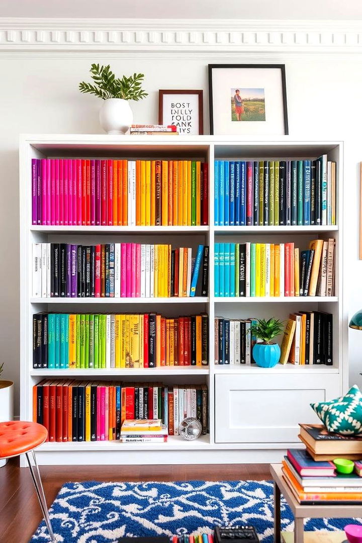 Vibrant Color Coded Arrangement - 22 Bookshelf Organization Ideas