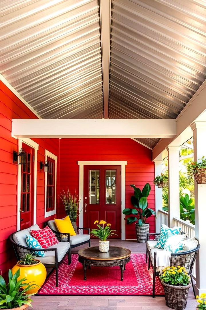Vibrant Color Contrasts - 22 Metal Roof Porch Design Ideas
