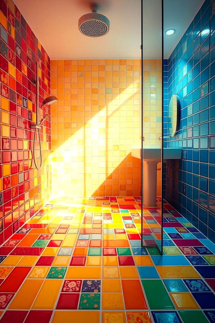 Vibrant Color Pop - 22 Shower Floor Tile Ideas