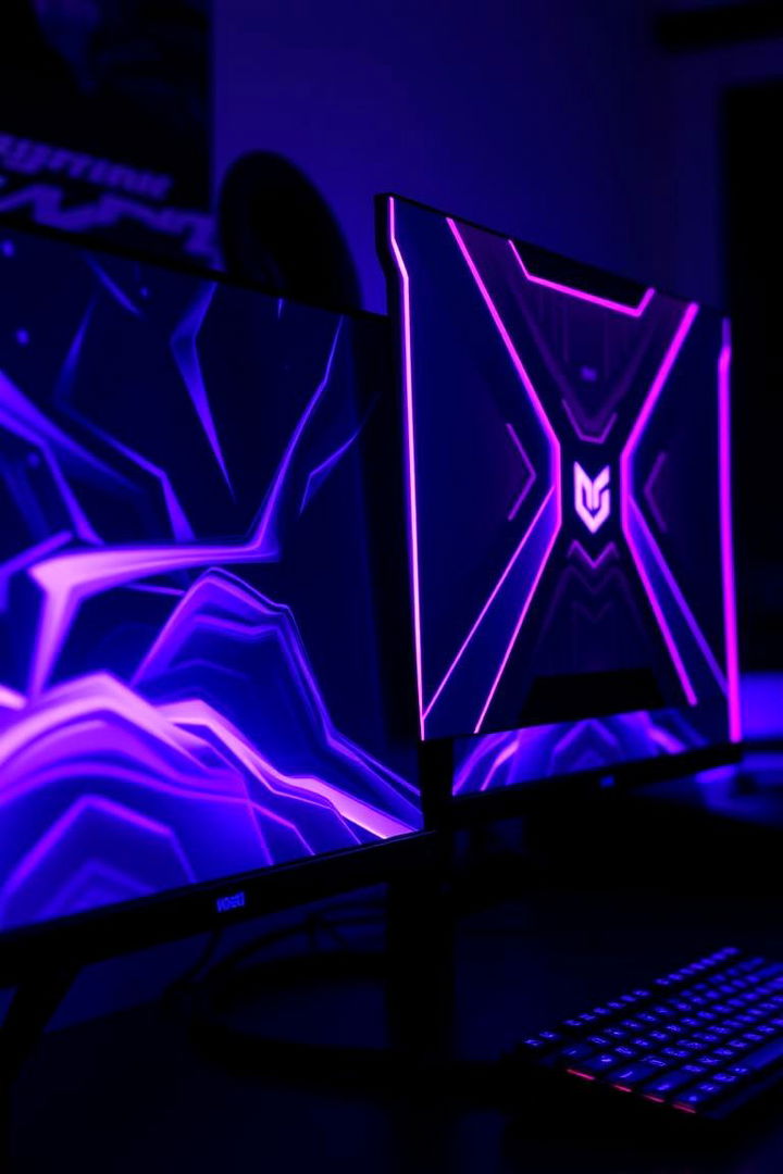 Vibrant Dual Monitor Setup with Purple Accents - 22 Purple Gaming Setup Ideas
